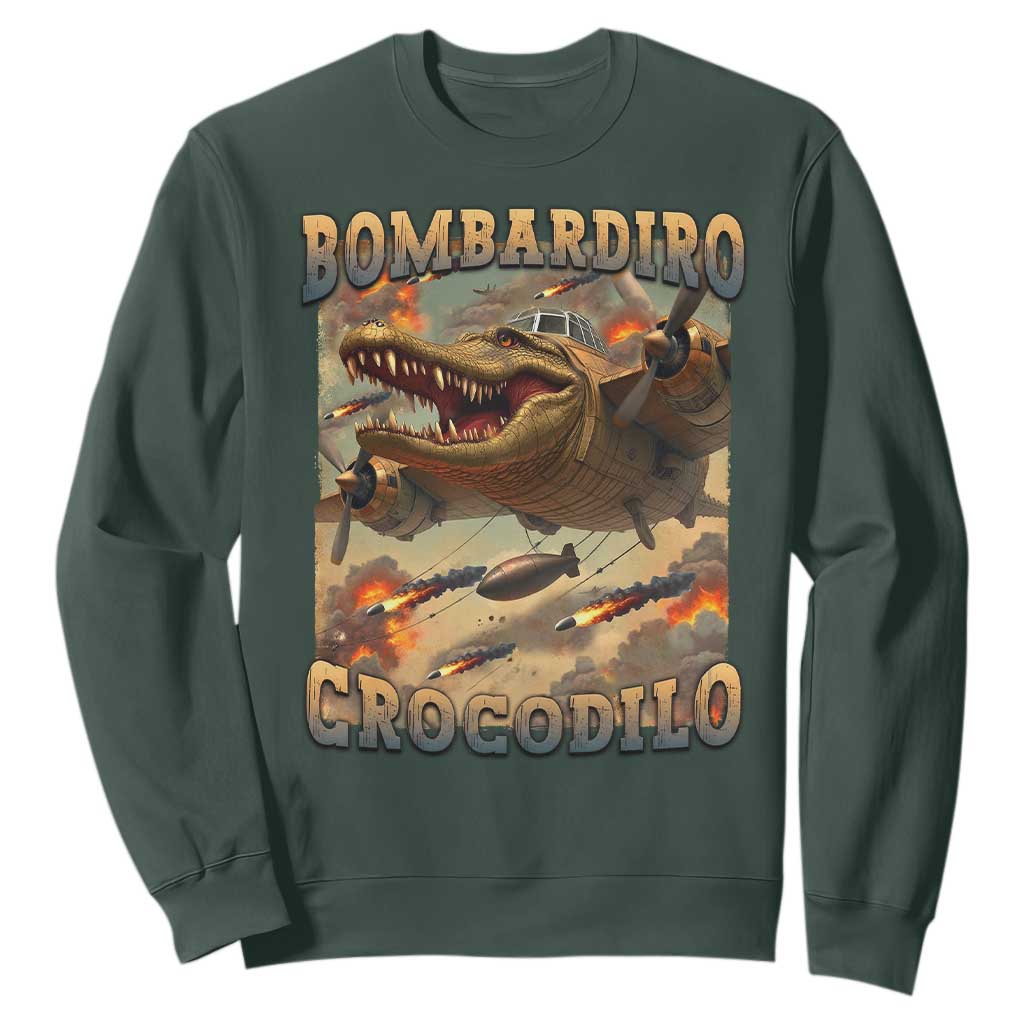 Funny Italian Brainrot Bombardiro Crocodilo Sweatshirt Gen Z Meme TS11 Dark Forest Green Print Your Wear