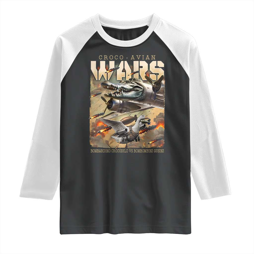 Funny Italian Brainrot Croco Avian Wars Raglan Shirt Bombardino Crocodilo Bombombini Gusini Gen Z Meme TS11 Black White Print Your Wear