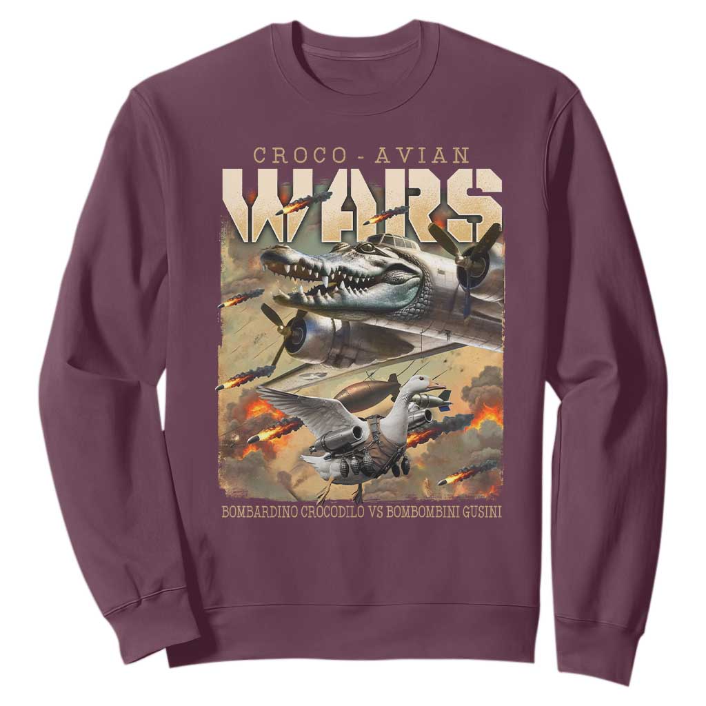 Funny Italian Brainrot Croco Avian Wars Sweatshirt Bombardino Crocodilo Bombombini Gusini Gen Z Meme TS11 Maroon Print Your Wear