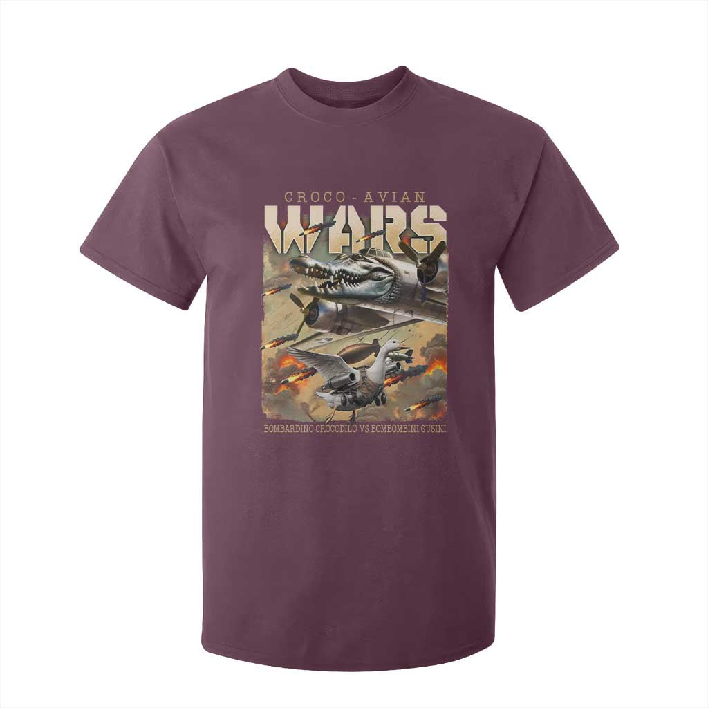 Funny Italian Brainrot Croco Avian Wars T Shirt For Kid Bombardino Crocodilo Bombombini Gusini Gen Z Meme TS11 Maroon Print Your Wear