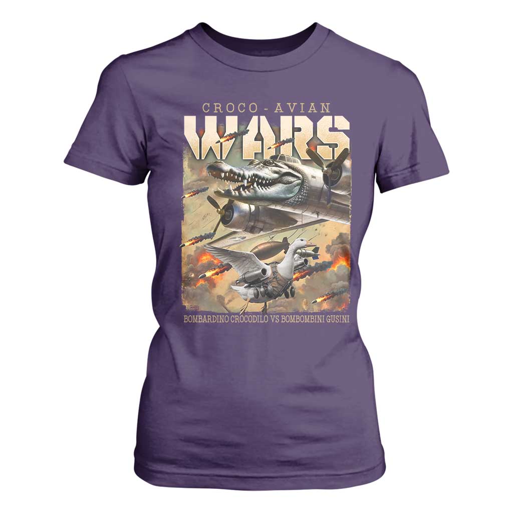 Funny Italian Brainrot Croco Avian Wars T Shirt For Women Bombardino Crocodilo Bombombini Gusini Gen Z Meme TS11 Purple Print Your Wear