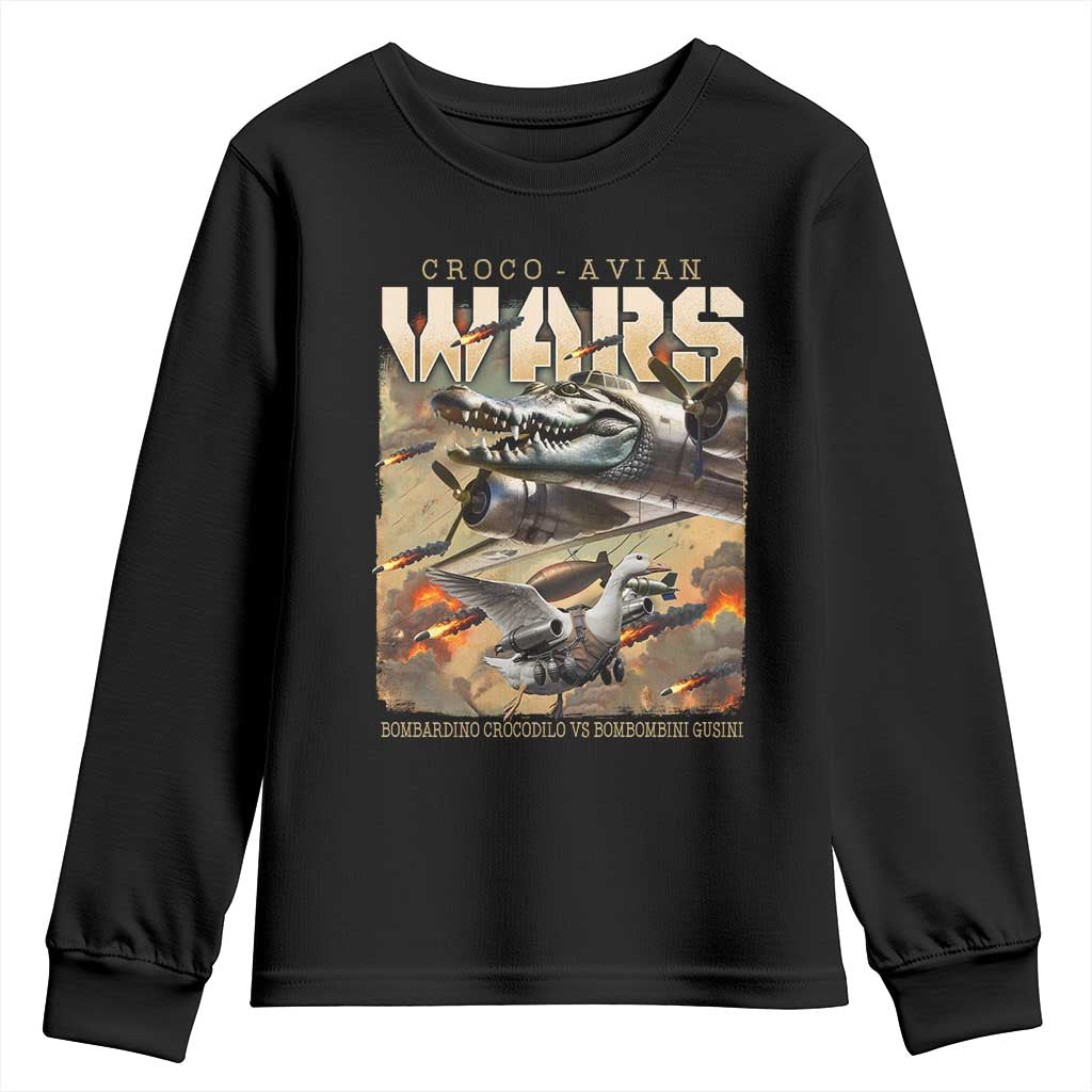 Funny Italian Brainrot Croco Avian Wars Youth Sweatshirt Bombardino Crocodilo Bombombini Gusini Gen Z Meme TS11 Black Print Your Wear