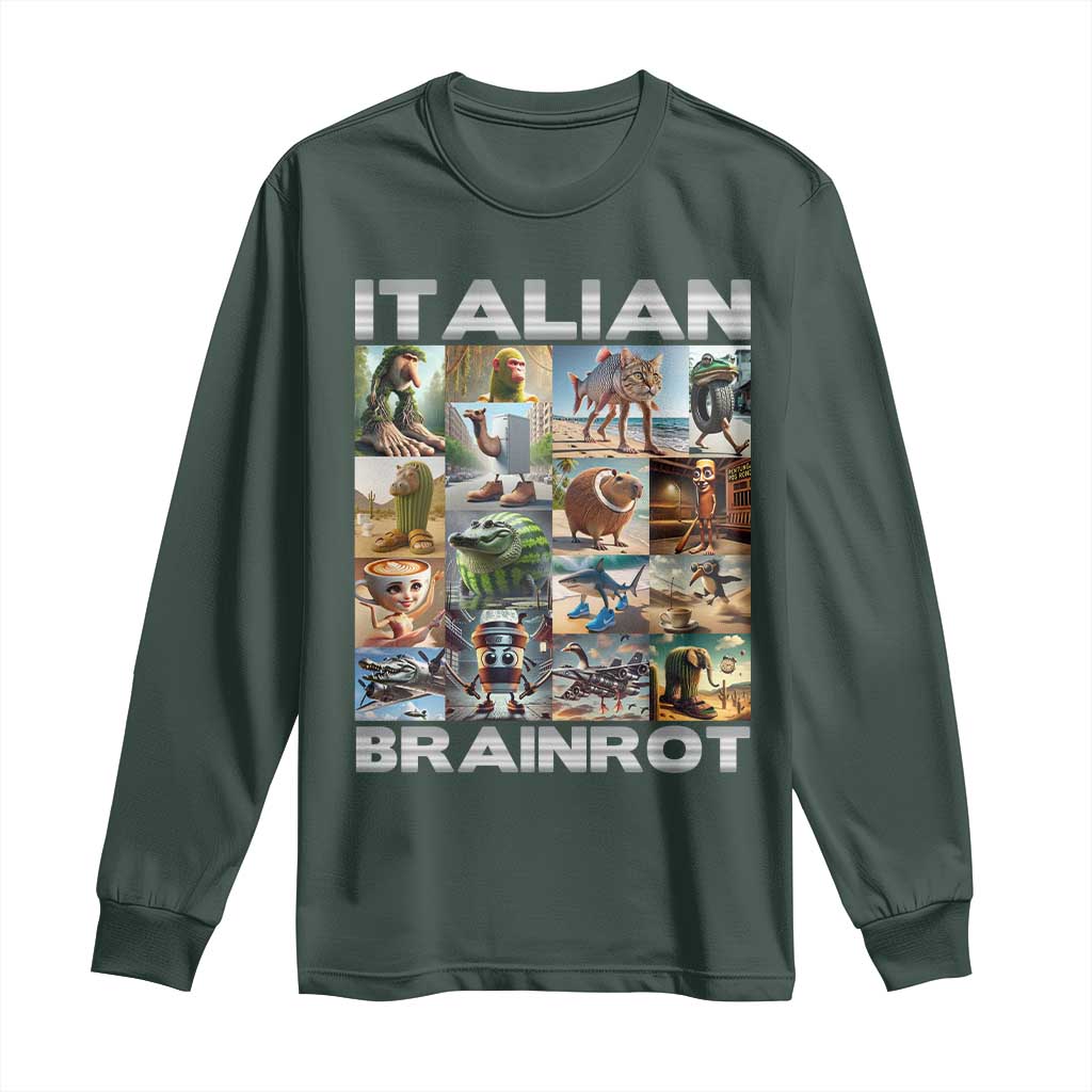 Funny Italian Brainrot Meme Art Long Sleeve Shirt Surreal Humor Pop Culture Collage TS02 Dark Forest Green Print Your Wear