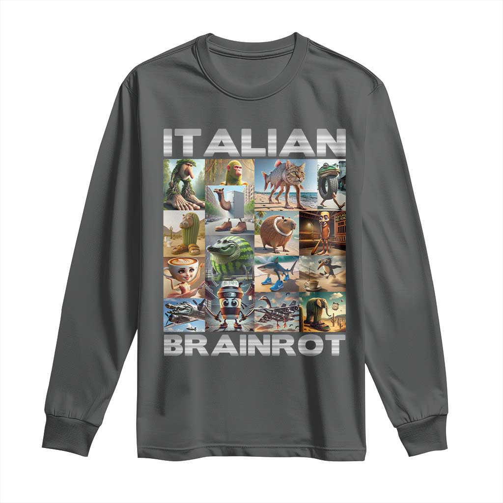 Funny Italian Brainrot Meme Art Long Sleeve Shirt Surreal Humor Pop Culture Collage TS02 Dark Heather Print Your Wear