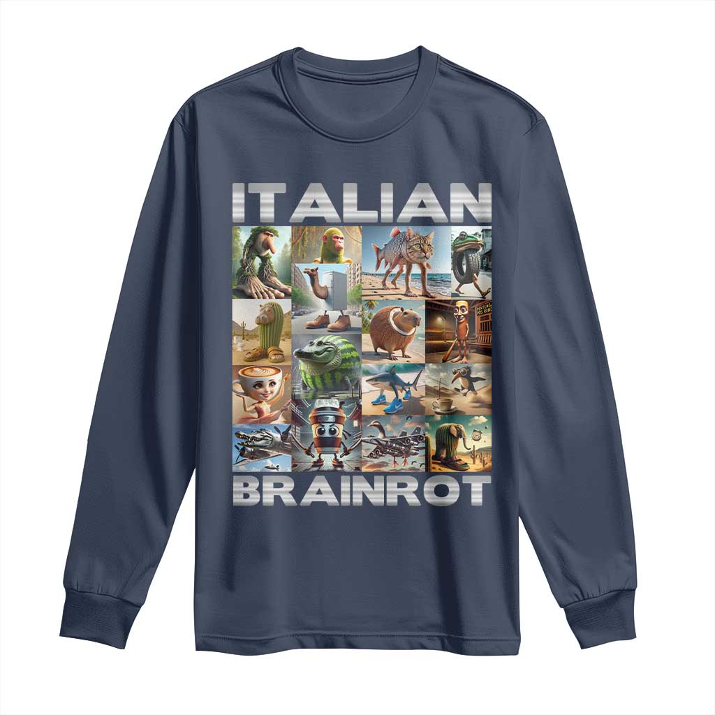 Funny Italian Brainrot Meme Art Long Sleeve Shirt Surreal Humor Pop Culture Collage TS02 Navy Print Your Wear
