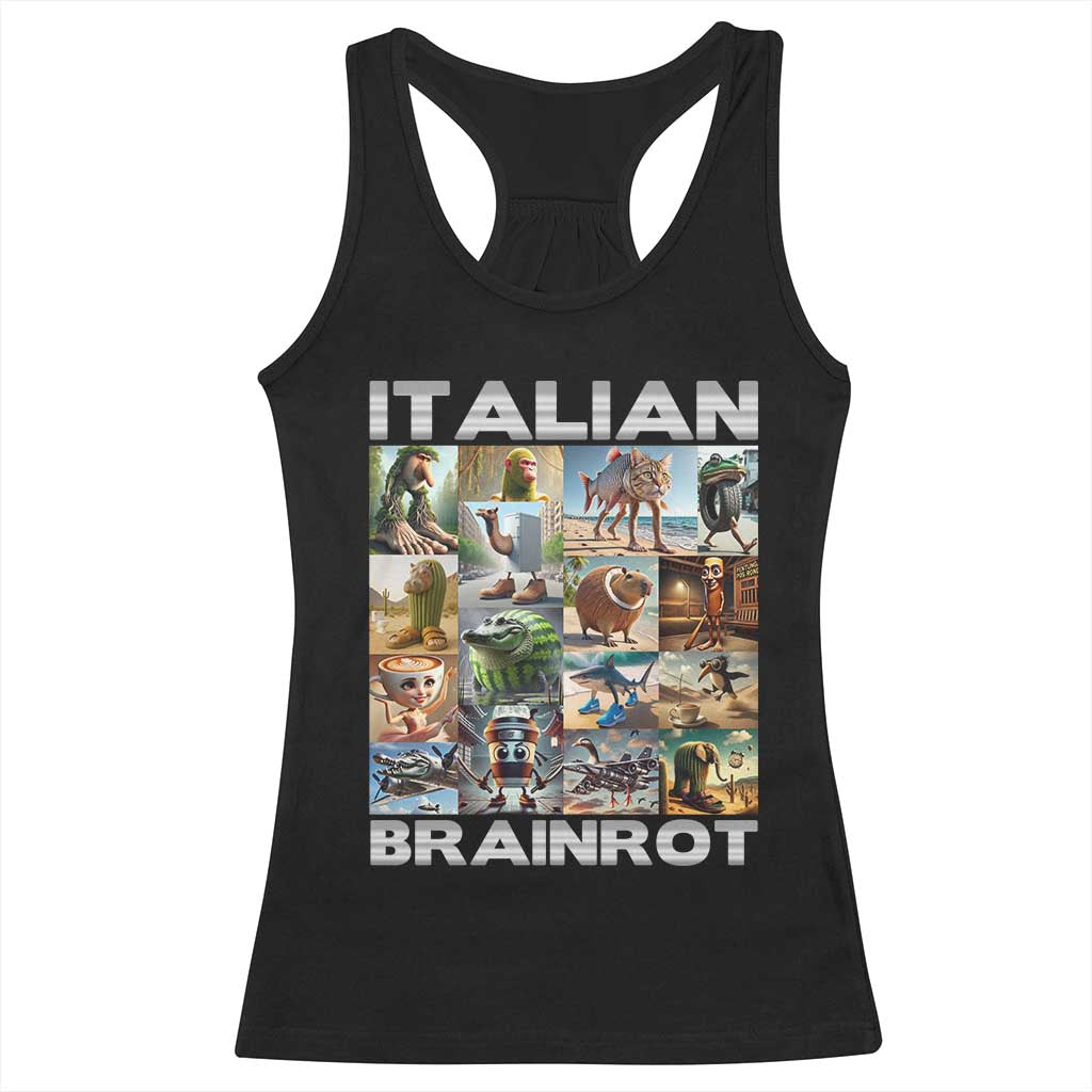 Funny Italian Brainrot Meme Art Racerback Tank Top Surreal Humor Pop Culture Collage TS02 Black Print Your Wear