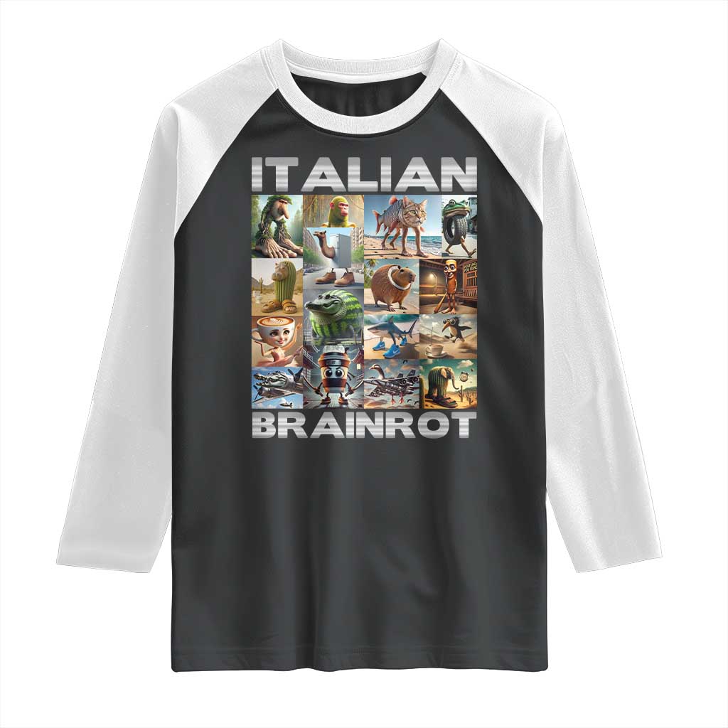 Funny Italian Brainrot Meme Art Raglan Shirt Surreal Humor Pop Culture Collage TS02 Black White Print Your Wear