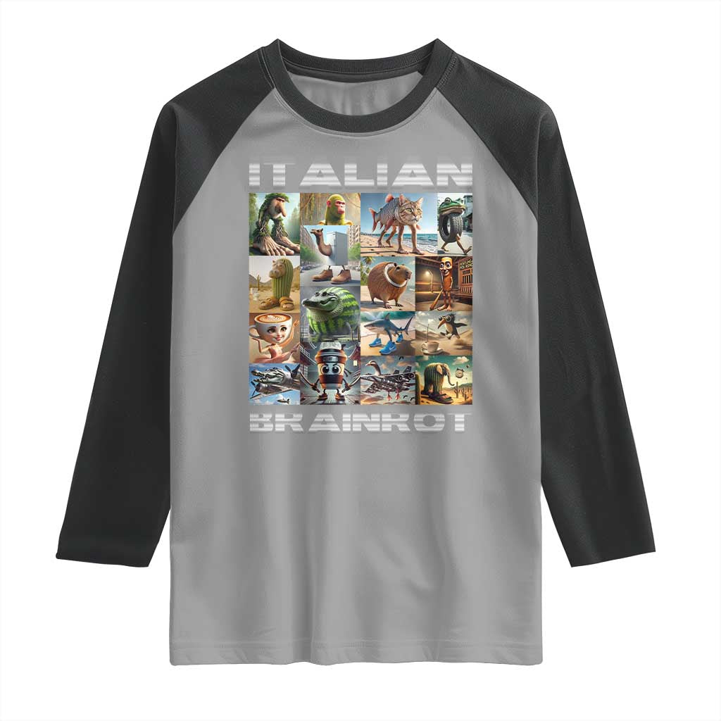 Funny Italian Brainrot Meme Art Raglan Shirt Surreal Humor Pop Culture Collage TS02 Sport Gray Black Print Your Wear