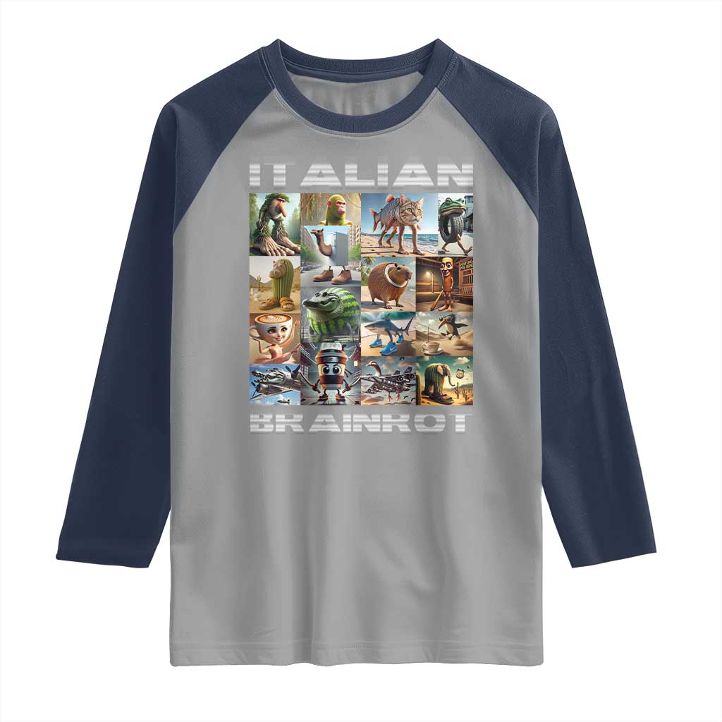 Funny Italian Brainrot Meme Art Raglan Shirt Surreal Humor Pop Culture Collage TS02 Sport Gray Navy Print Your Wear