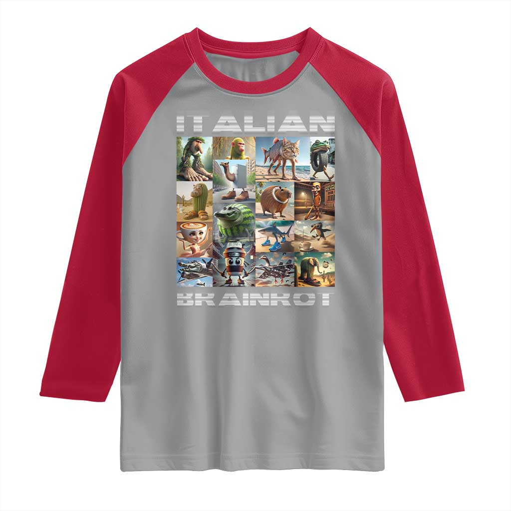 Funny Italian Brainrot Meme Art Raglan Shirt Surreal Humor Pop Culture Collage TS02 Sport Gray Red Print Your Wear