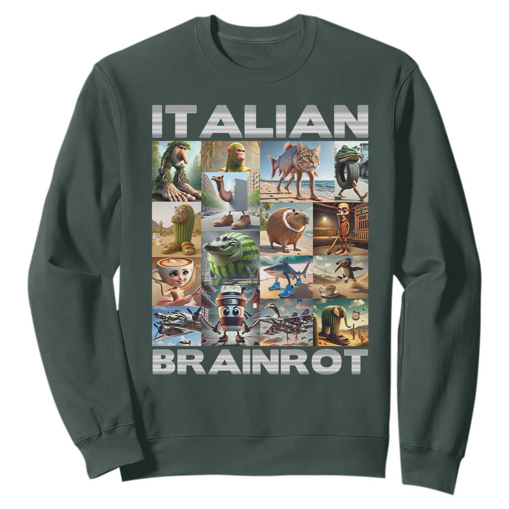 Funny Italian Brainrot Meme Art Sweatshirt Surreal Humor Pop Culture Collage TS02 Dark Forest Green Print Your Wear