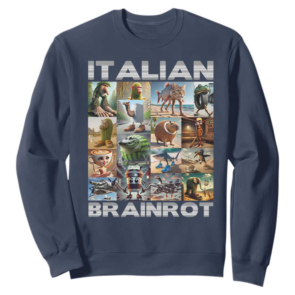 Funny Italian Brainrot Meme Art Sweatshirt Surreal Humor Pop Culture Collage TS02 Navy Print Your Wear