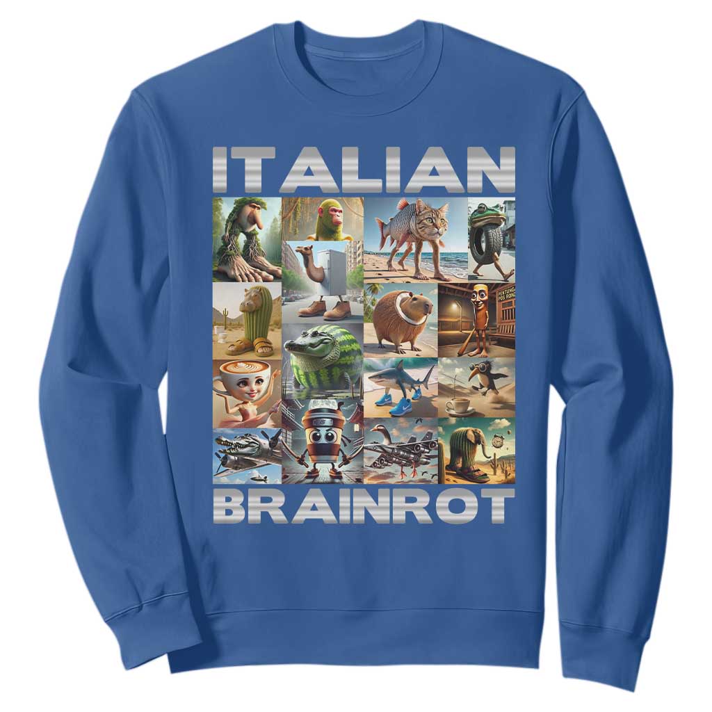 Funny Italian Brainrot Meme Art Sweatshirt Surreal Humor Pop Culture Collage TS02 Royal Blue Print Your Wear