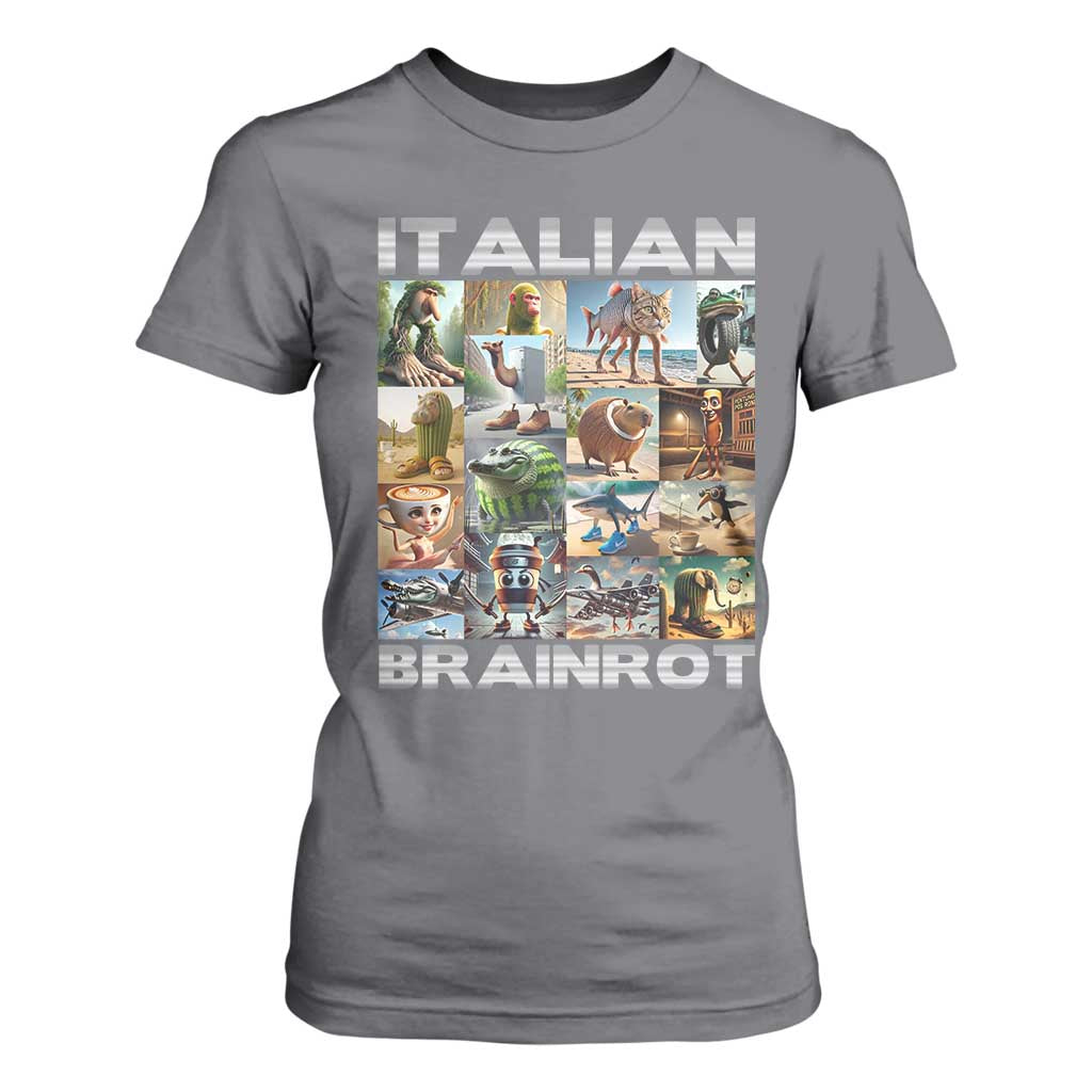 Funny Italian Brainrot Meme Art T Shirt For Women Surreal Humor Pop Culture Collage TS02 Charcoal Print Your Wear