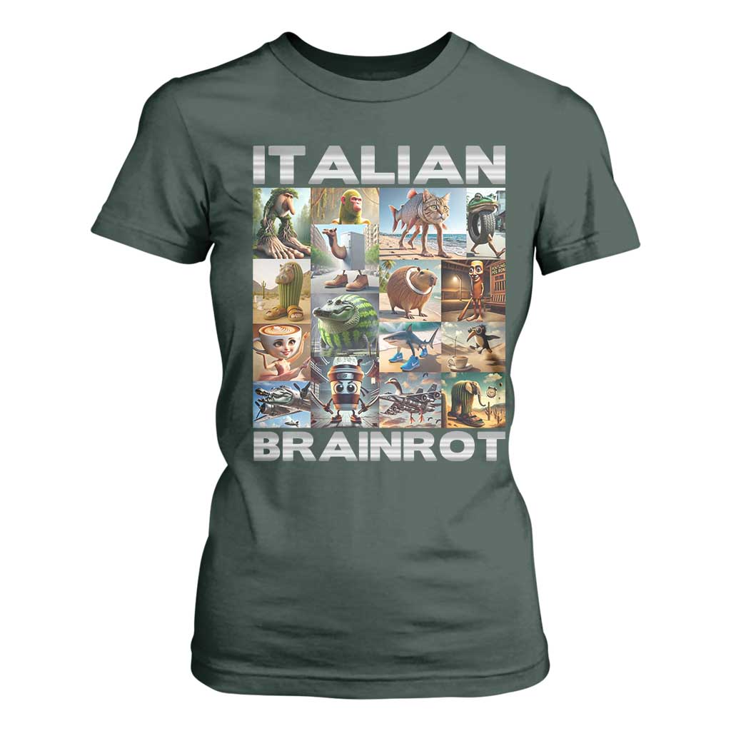 Funny Italian Brainrot Meme Art T Shirt For Women Surreal Humor Pop Culture Collage TS02 Dark Forest Green Print Your Wear