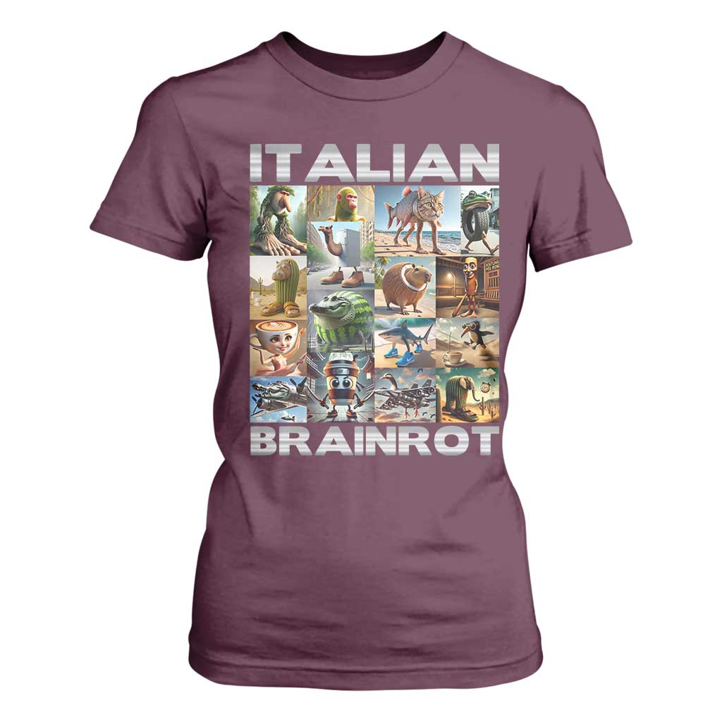 Funny Italian Brainrot Meme Art T Shirt For Women Surreal Humor Pop Culture Collage TS02 Maroon Print Your Wear