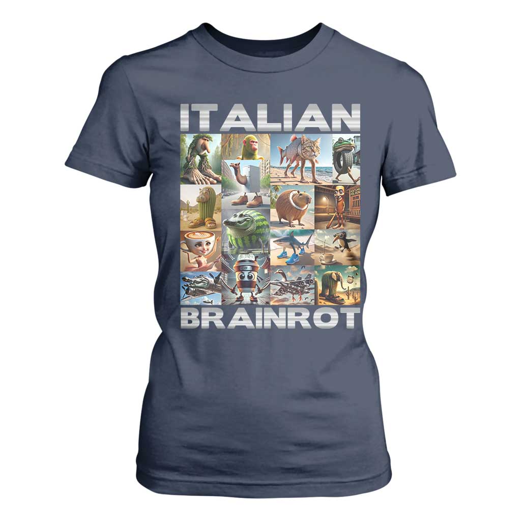 Funny Italian Brainrot Meme Art T Shirt For Women Surreal Humor Pop Culture Collage TS02 Navy Print Your Wear