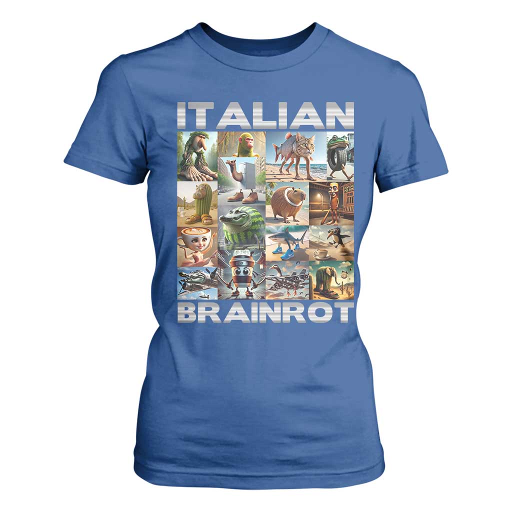 Funny Italian Brainrot Meme Art T Shirt For Women Surreal Humor Pop Culture Collage TS02 Royal Blue Print Your Wear