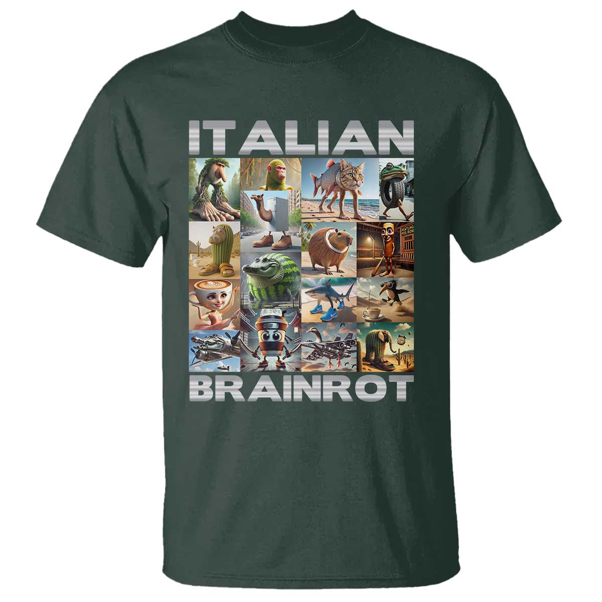 Funny Italian Brainrot Meme Art T Shirt Surreal Humor Pop Culture Collage TS02 Dark Forest Green Print Your Wear