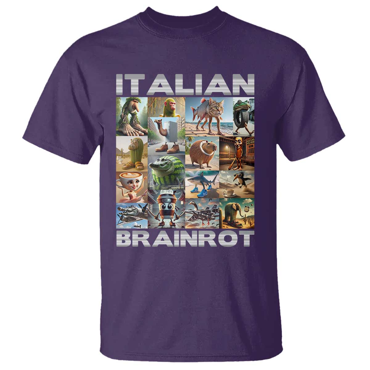 Funny Italian Brainrot Meme Art T Shirt Surreal Humor Pop Culture Collage TS02 Purple Print Your Wear
