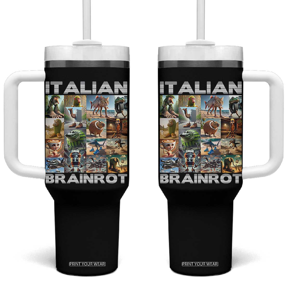 Funny Italian Brainrot Meme Art Tumbler With Handle Surreal Humor Pop Culture Collage TS02 One Size: 40 oz Black Print Your Wear