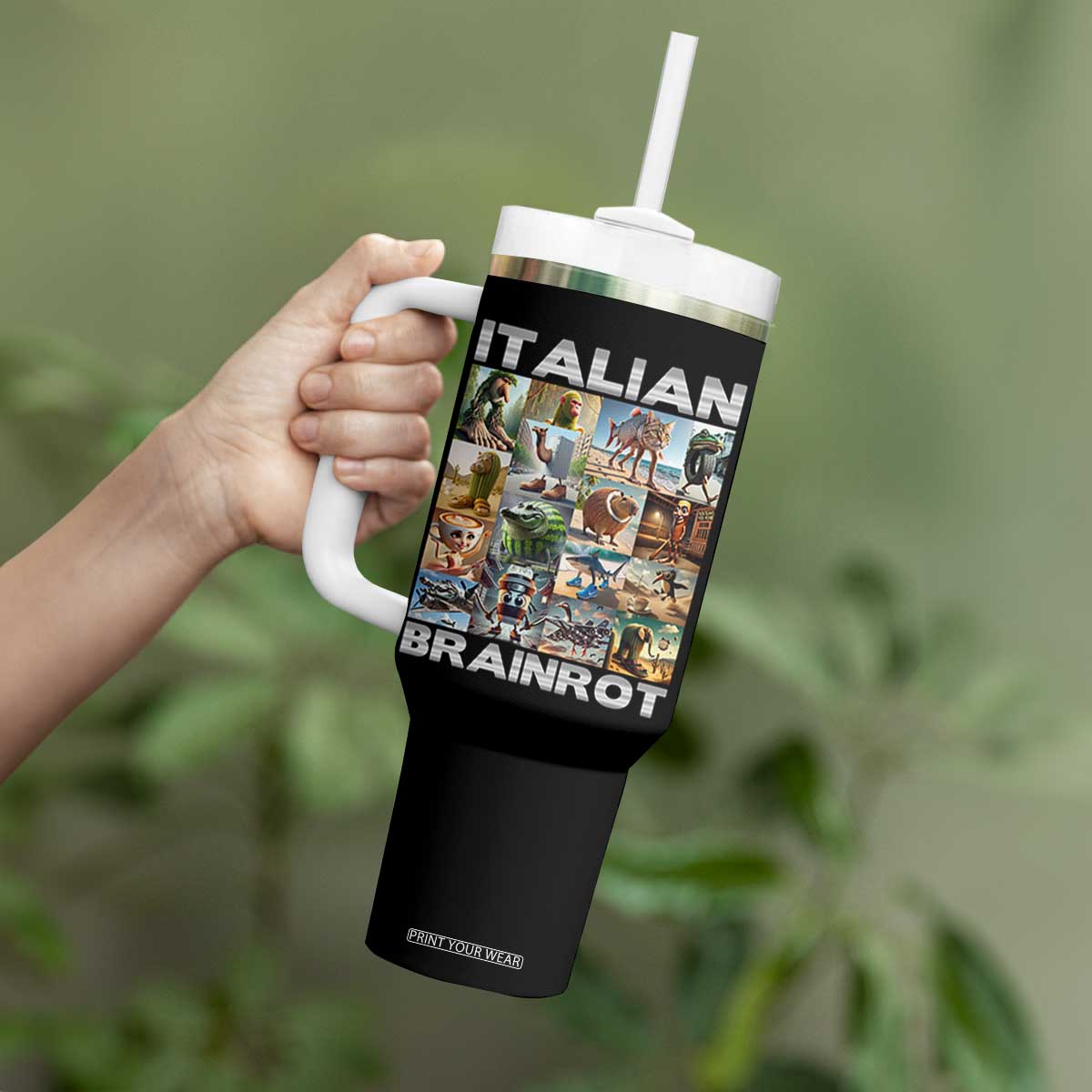 Funny Italian Brainrot Meme Art Tumbler With Handle Surreal Humor Pop Culture Collage TS02 Print Your Wear