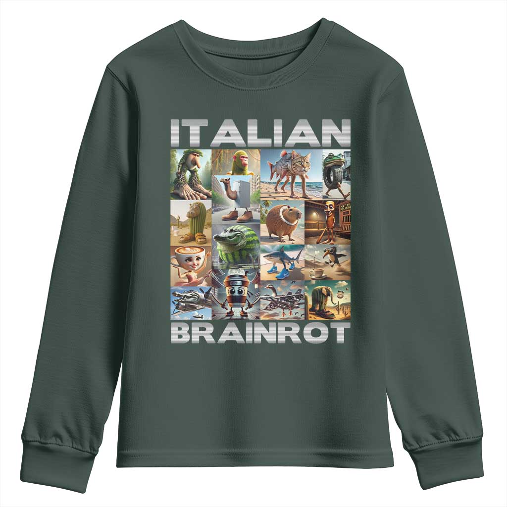 Funny Italian Brainrot Meme Art Youth Sweatshirt Surreal Humor Pop Culture Collage TS02 Dark Forest Green Print Your Wear