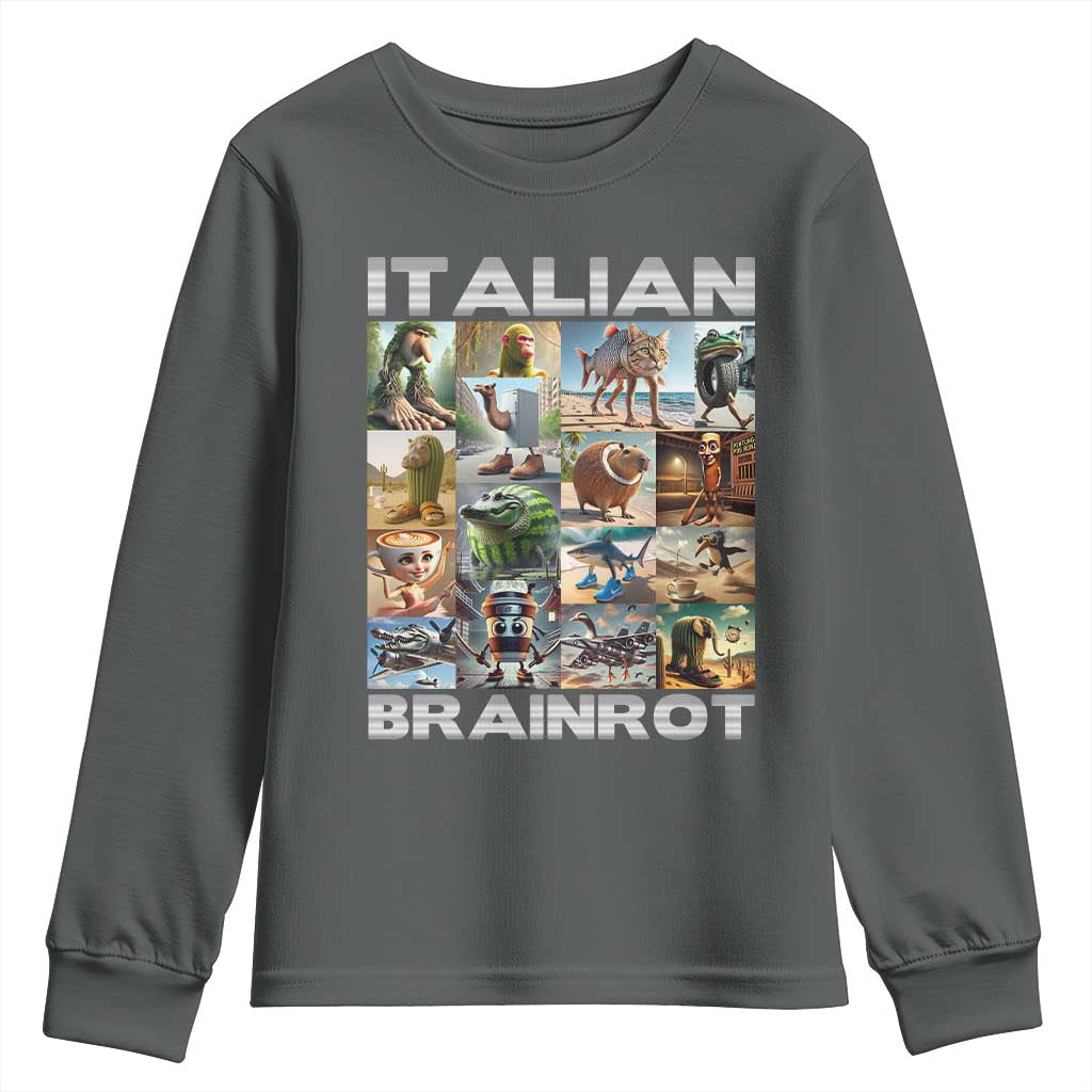 Funny Italian Brainrot Meme Art Youth Sweatshirt Surreal Humor Pop Culture Collage TS02 Dark Heather Print Your Wear