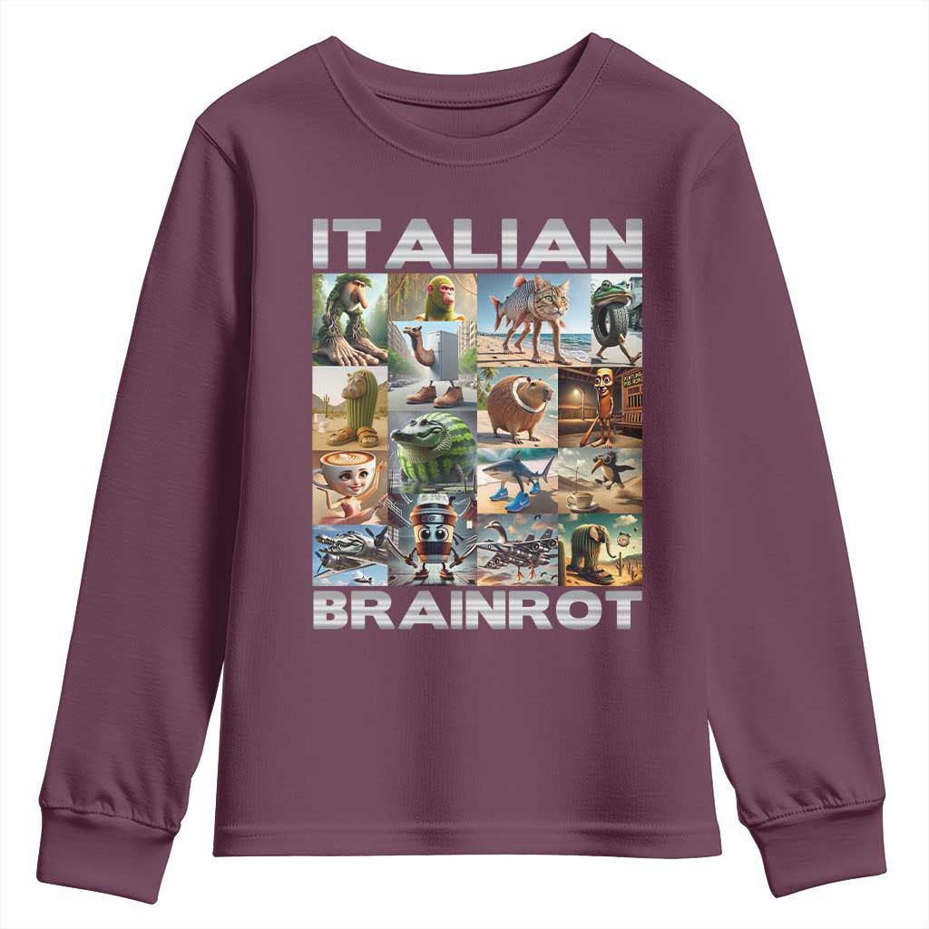Funny Italian Brainrot Meme Art Youth Sweatshirt Surreal Humor Pop Culture Collage TS02 Maroon Print Your Wear