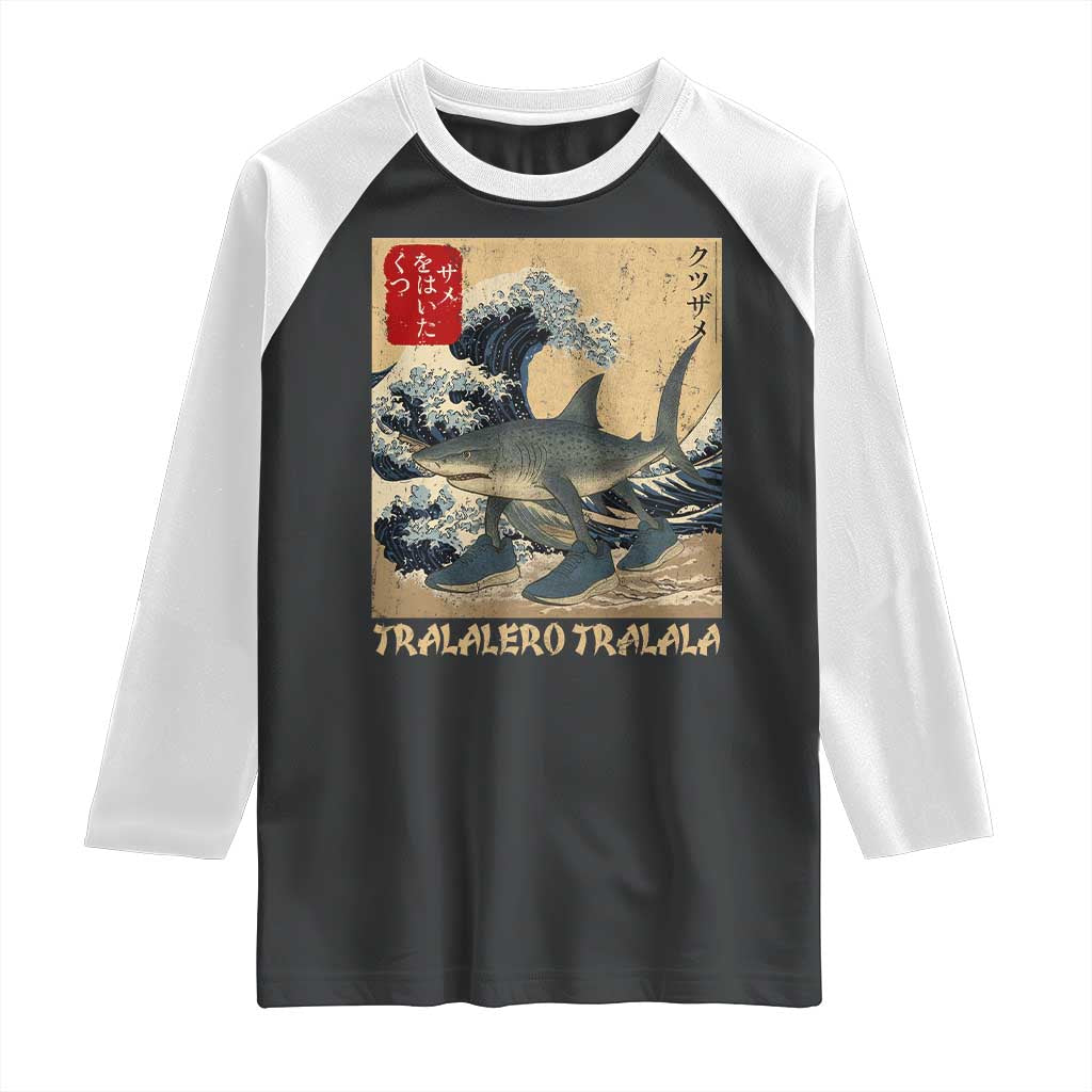 Funny Italian Brainrot Tralalero Tralala Shark Raglan Shirt Japanese Art Gen Z Meme TS11 Black White Print Your Wear