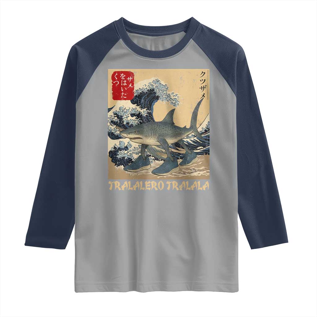 Funny Italian Brainrot Tralalero Tralala Shark Raglan Shirt Japanese Art Gen Z Meme TS11 Sport Gray Navy Print Your Wear