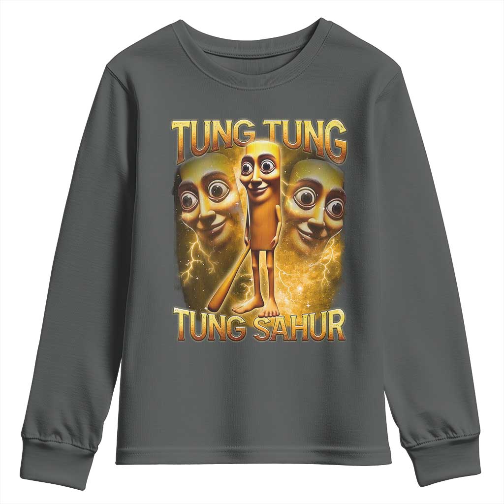 Funny Italian Brainrot Tung Tung Tung Sahur Youth Sweatshirt Gen Z Meme TS11 Dark Heather Print Your Wear