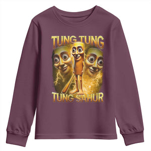 Funny Italian Brainrot Tung Tung Tung Sahur Youth Sweatshirt Gen Z Meme TS11 Maroon Print Your Wear