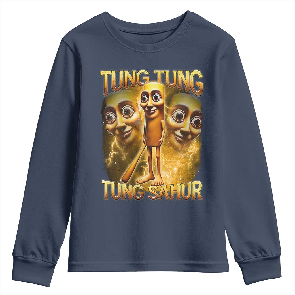 Funny Italian Brainrot Tung Tung Tung Sahur Youth Sweatshirt Gen Z Meme TS11 Navy Print Your Wear
