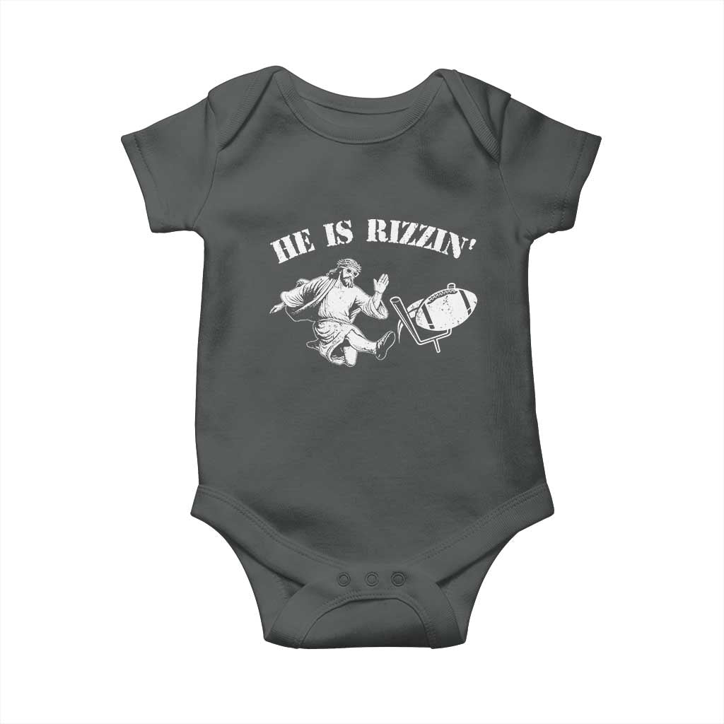 Funny Jesus American Football He Is Rizzin' Meme Baby Onesie TS11 Dark Heather Print Your Wear