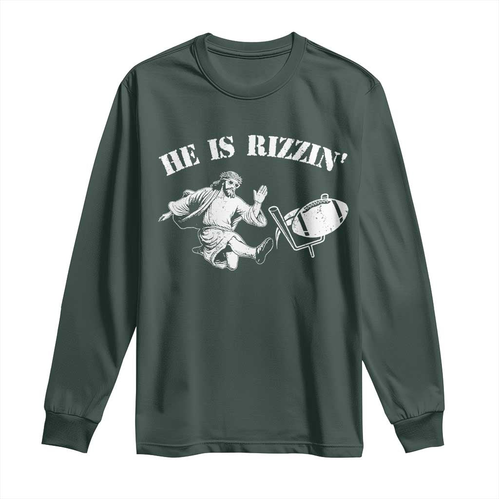 Funny Jesus American Football He Is Rizzin' Meme Long Sleeve Shirt TS11 Dark Forest Green Print Your Wear