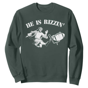 Funny Jesus American Football He Is Rizzin' Meme Sweatshirt TS11 Dark Forest Green Print Your Wear