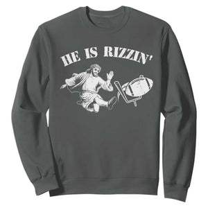 Funny Jesus American Football He Is Rizzin' Meme Sweatshirt TS11 Dark Heather Print Your Wear