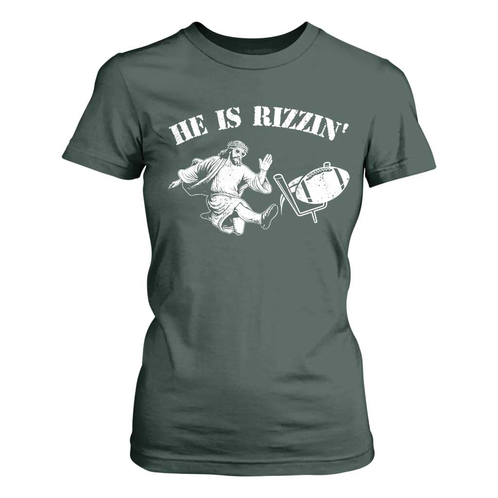 Funny Jesus American Football He Is Rizzin' Meme T Shirt For Women TS11 Dark Forest Green Print Your Wear