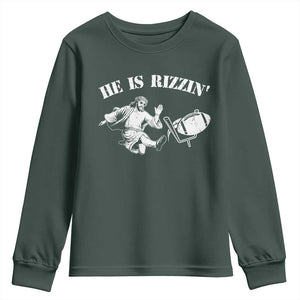 Funny Jesus American Football He Is Rizzin' Meme Youth Sweatshirt TS11 Dark Forest Green Print Your Wear