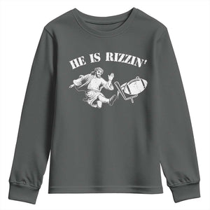Funny Jesus American Football He Is Rizzin' Meme Youth Sweatshirt TS11 Dark Heather Print Your Wear