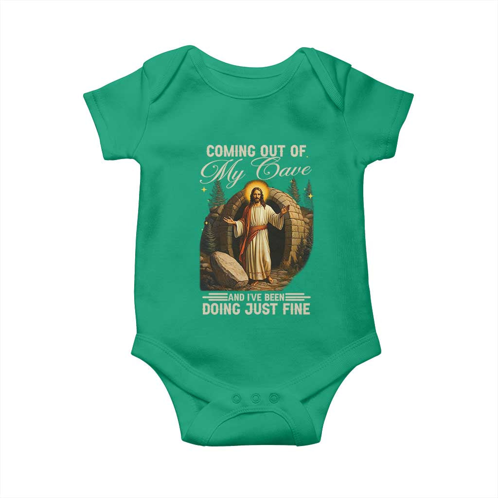 Funny Jesus Baby Onesie Coming Out Of My Cave And I've Been Doing Just Fine TS02 Irish Green Print Your Wear