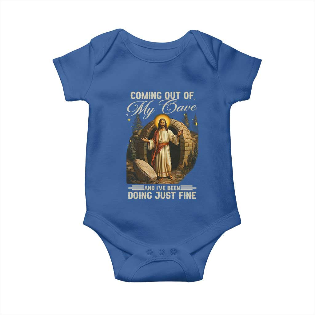 Funny Jesus Baby Onesie Coming Out Of My Cave And I've Been Doing Just Fine TS02 Royal Blue Print Your Wear