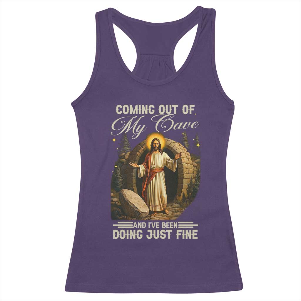 Funny Jesus Racerback Tank Top Coming Out Of My Cave And I've Been Doing Just Fine TS02 Purple Print Your Wear