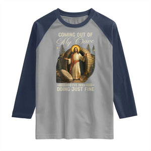Funny Jesus Raglan Shirt Coming Out Of My Cave And I've Been Doing Just Fine TS02 Sport Gray Navy Print Your Wear