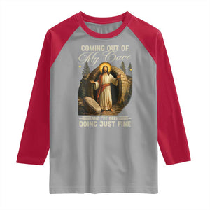Funny Jesus Raglan Shirt Coming Out Of My Cave And I've Been Doing Just Fine TS02 Sport Gray Red Print Your Wear