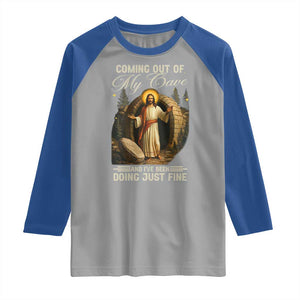 Funny Jesus Raglan Shirt Coming Out Of My Cave And I've Been Doing Just Fine TS02 Sport Gray Royal Print Your Wear