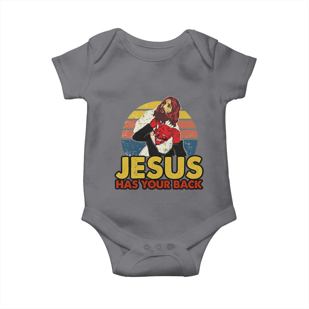 Funny Jesus Satan Meme Baby Onesie Has Your Back Jiu Jitsu Retro Religious Christian TS02 Charcoal Print Your Wear