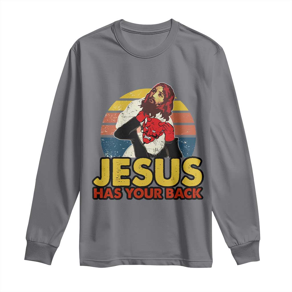 Funny Jesus Satan Meme Long Sleeve Shirt Has Your Back Jiu Jitsu Retro Religious Christian TS02 Charcoal Print Your Wear