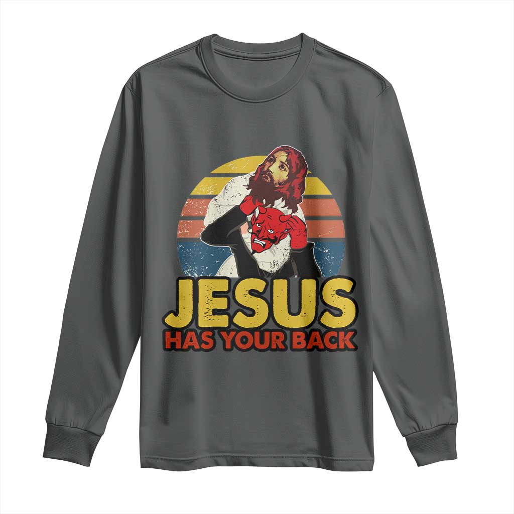 Funny Jesus Satan Meme Long Sleeve Shirt Has Your Back Jiu Jitsu Retro Religious Christian TS02 Dark Heather Print Your Wear